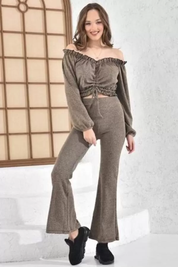 Kayık Yaka Geniş Paça Kaşkorse Kahverengi Kadın Eşofman Takım