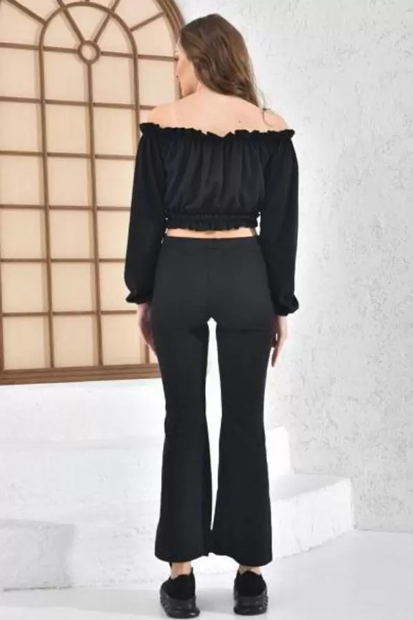 Kayık Yaka Geniş Paça Kaşkorse Siyah Kadın Eşofman Takım