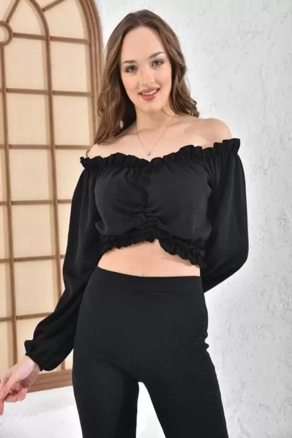 Kayık Yaka Geniş Paça Kaşkorse Siyah Kadın Eşofman Takım