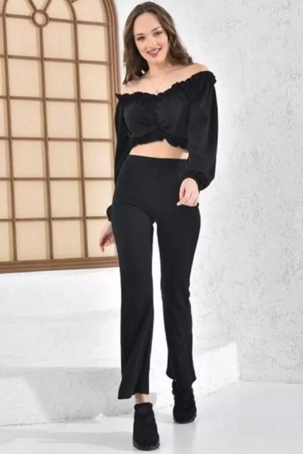 Kayık Yaka Geniş Paça Kaşkorse Siyah Kadın Eşofman Takım