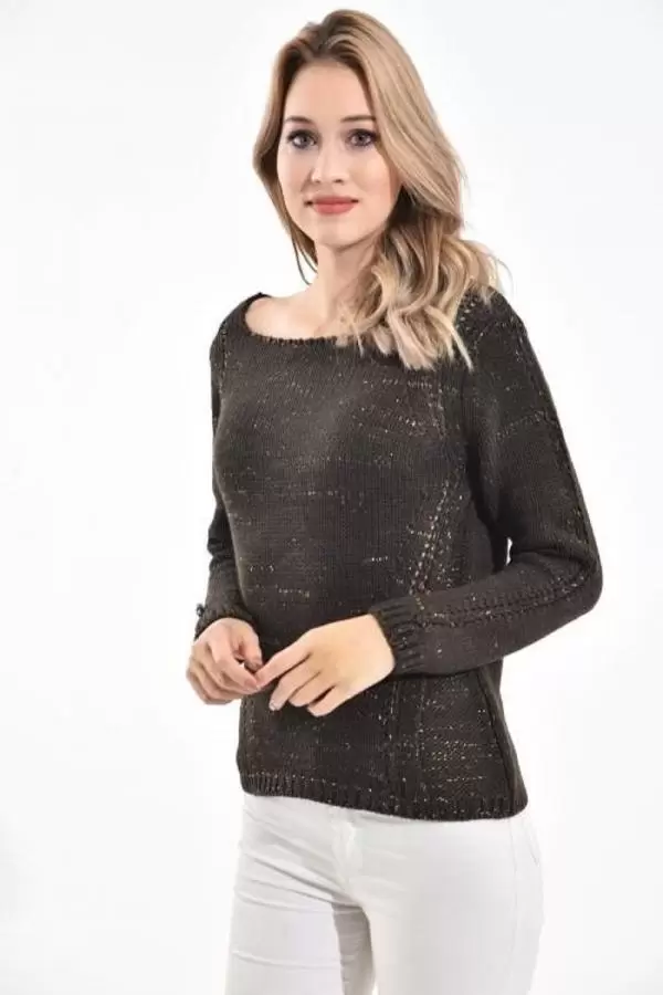 Kayık Yaka Simli Zincir Örme Haki Kadın Kazak