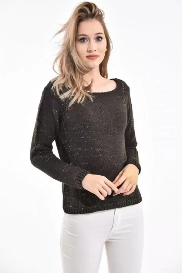 Kayık Yaka Simli Zincir Örme Haki Kadın Kazak