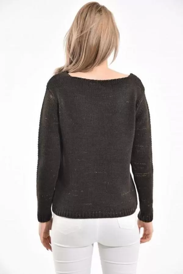 Kayık Yaka Simli Zincir Örme Haki Kadın Kazak