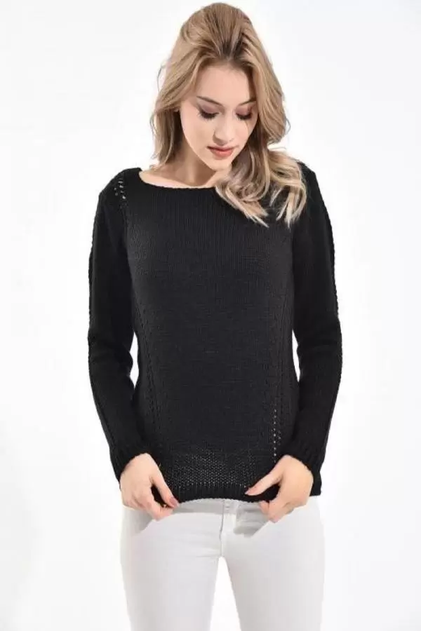 Kayık Yaka Simli Zincir Örme Siyah Kadın Kazak