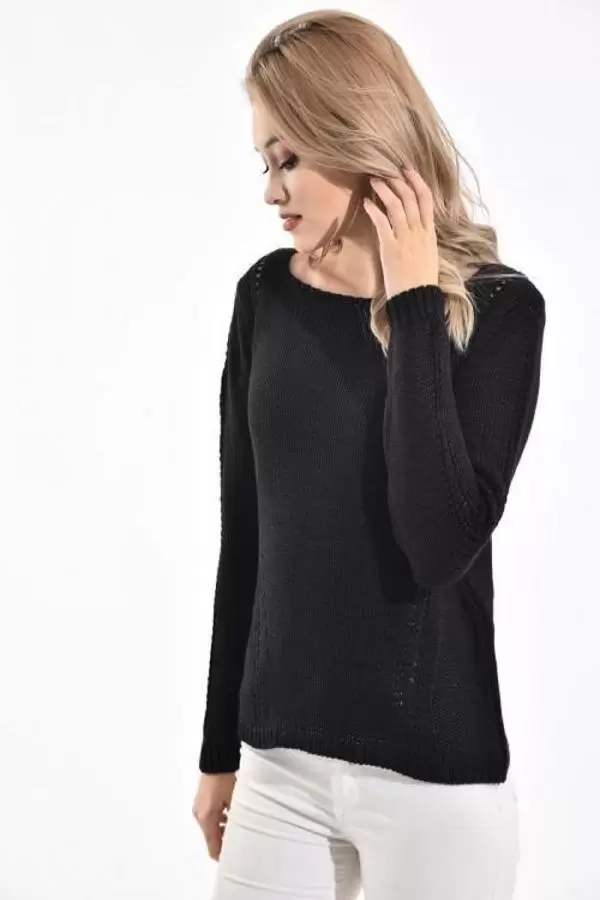 Kayık Yaka Simli Zincir Örme Siyah Kadın Kazak