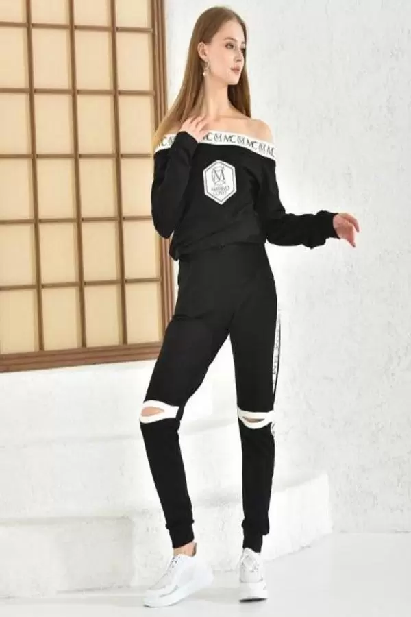 Kayık Yaka Taşlı Uzun Kollu Siyah Kadın Eşofman