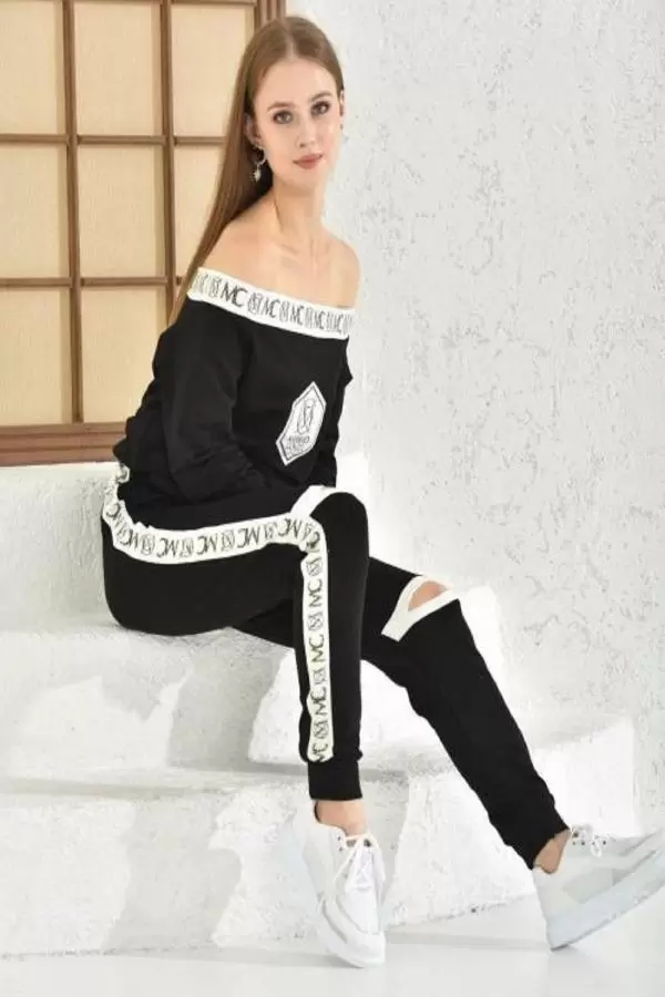 Kayık Yaka Taşlı Uzun Kollu Siyah Kadın Eşofman