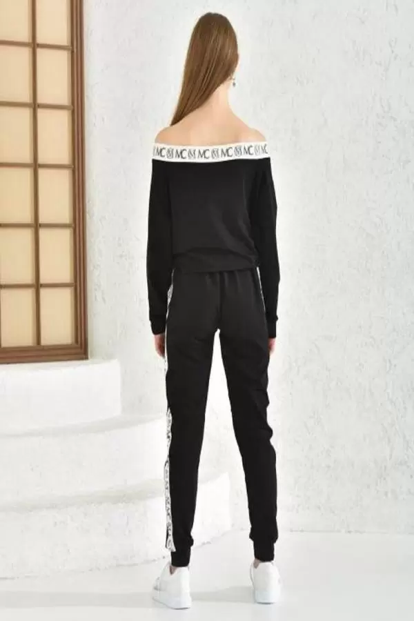 Kayık Yaka Taşlı Uzun Kollu Siyah Kadın Eşofman