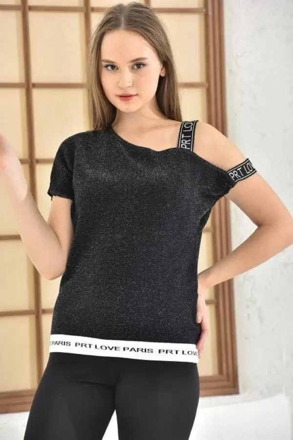 Kayık Yaka Tek Omuz Askılı Simli Siyah Triko Bluz