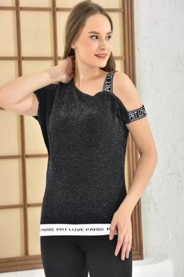 Kayık Yaka Tek Omuz Askılı Simli Siyah Triko Bluz