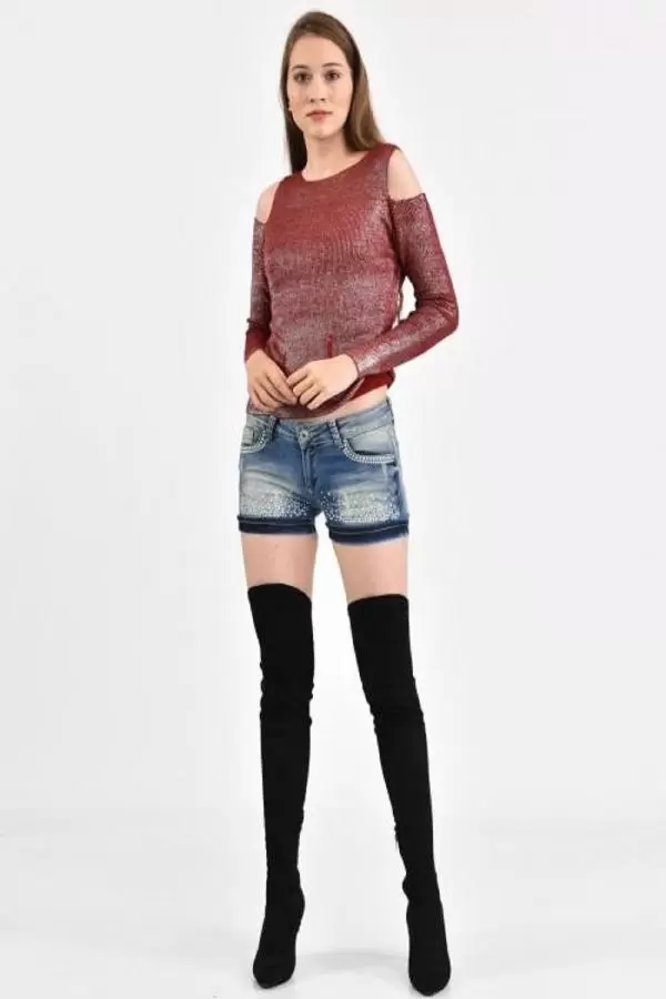 Kayıkçı Yaka Zincir Örme Omuz Detaylı Bordo Triko Kadın Bluz