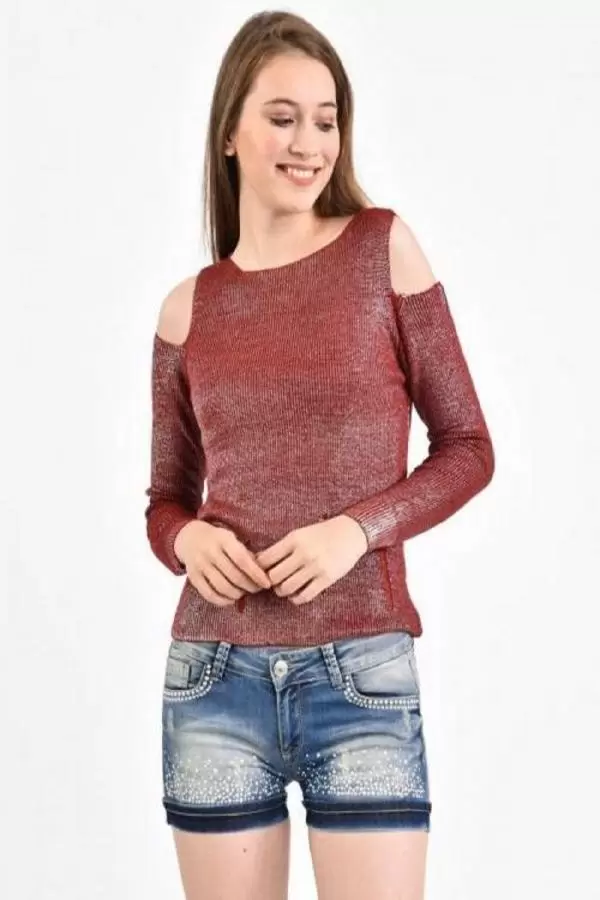 Kayıkçı Yaka Zincir Örme Omuz Detaylı Bordo Triko Kadın Bluz