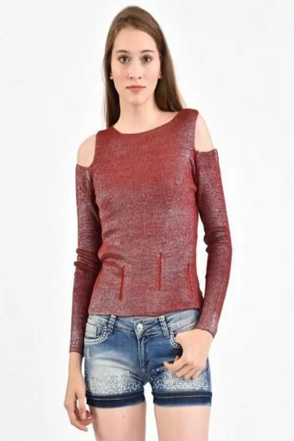 Kayıkçı Yaka Zincir Örme Omuz Detaylı Bordo Triko Kadın Bluz