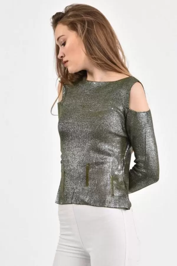 Kayıkçı Yaka Zincir Örme Omuz Detaylı Haki Triko Kadın Bluz