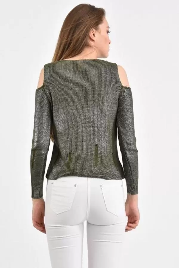 Kayıkçı Yaka Zincir Örme Omuz Detaylı Haki Triko Kadın Bluz