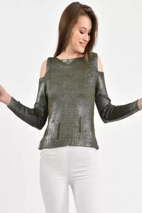 Kayıkçı Yaka Zincir Örme Omuz Detaylı Haki Triko Kadın Bluz