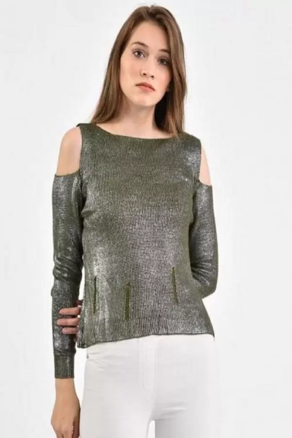 Kayıkçı Yaka Zincir Örme Omuz Detaylı Haki Triko Kadın Bluz