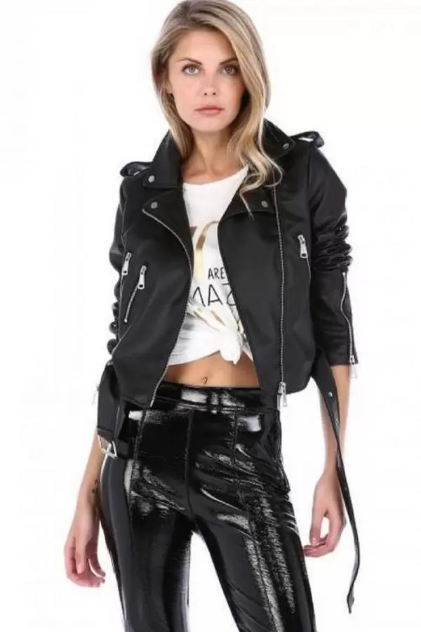 Kemerli Fermuar Detaylı Siyah Kadın Deri Mont