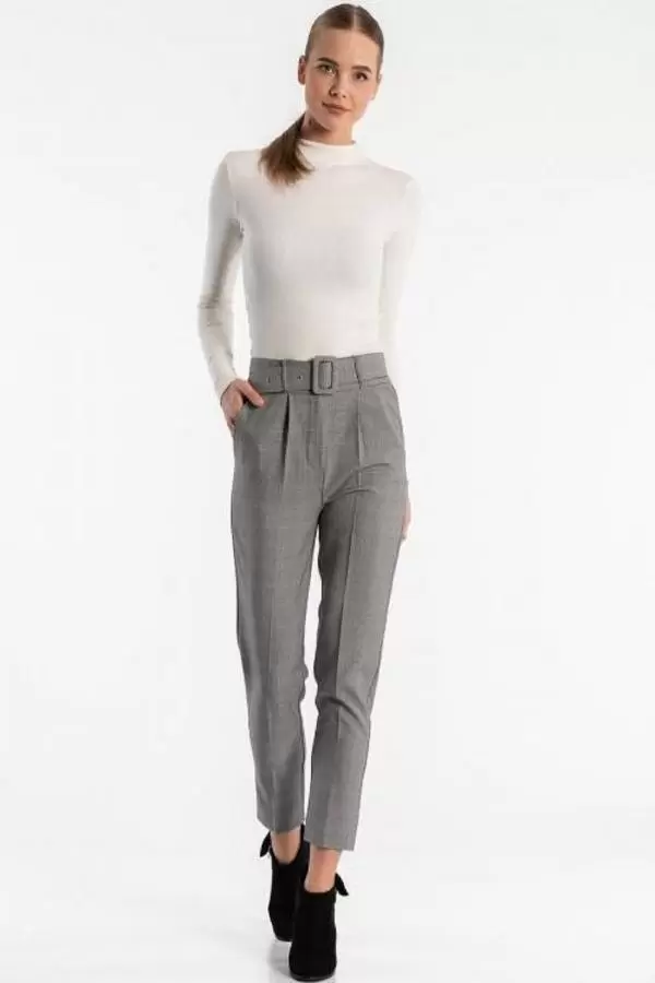 Kemerli Gri Ekose Bilek Kadın Pantolon