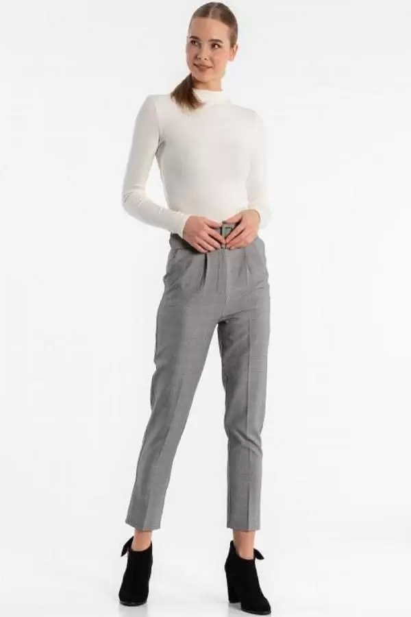 Kemerli Gri Ekose Bilek Kadın Pantolon
