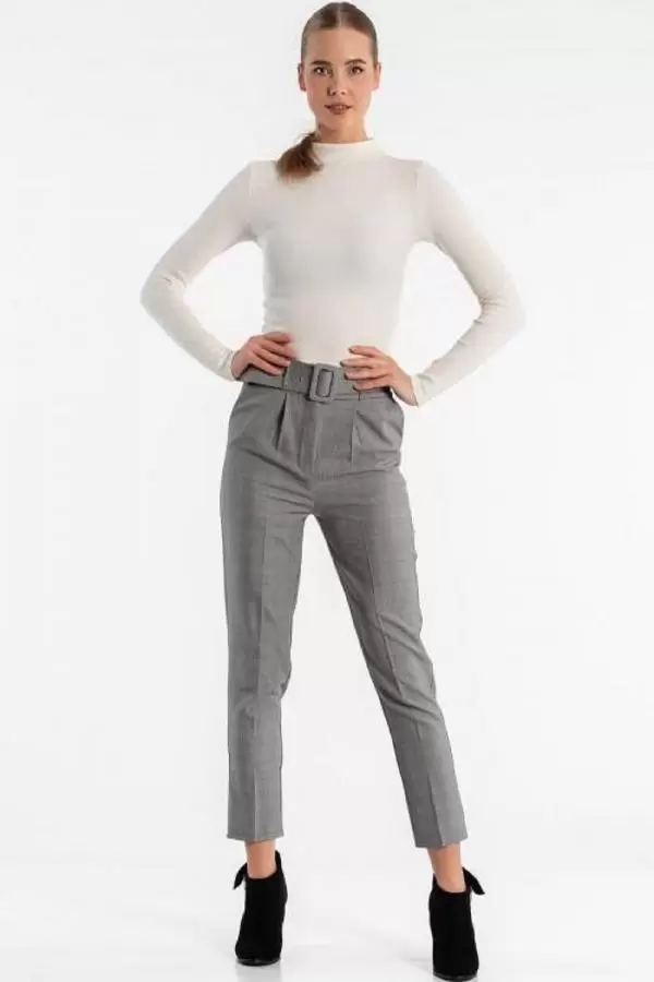 Kemerli Gri Ekose Bilek Kadın Pantolon