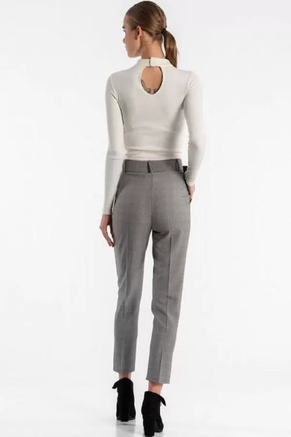Kemerli Gri Ekose Bilek Kadın Pantolon