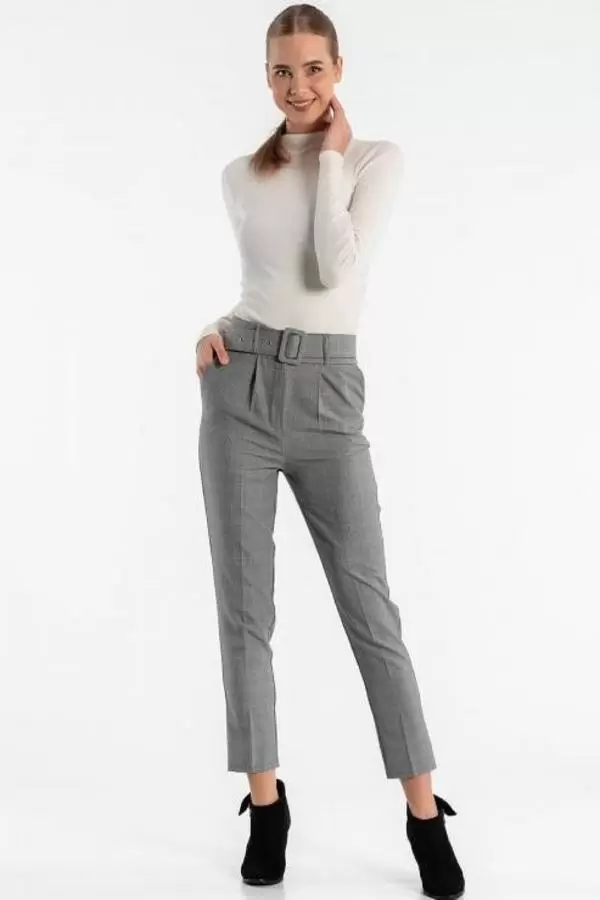 Kemerli Gri Ekose Bilek Kadın Pantolon