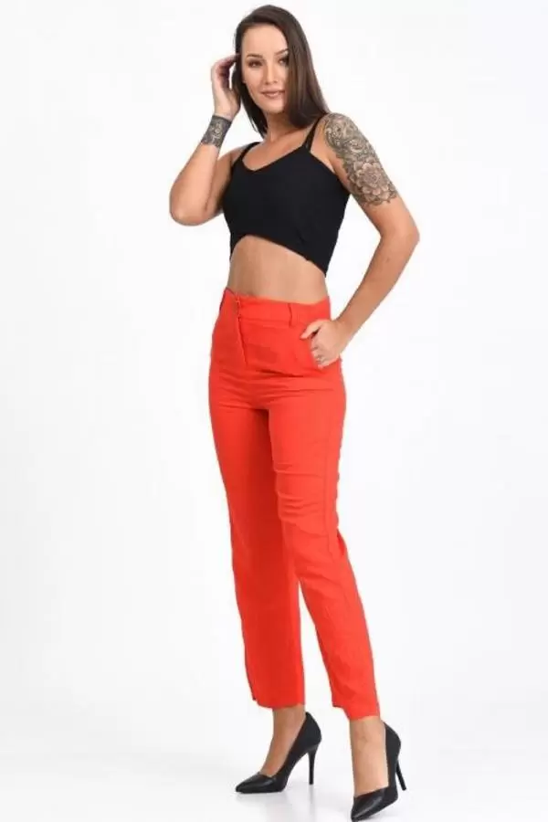 Kemerli ve Cepli Fuşya Boru Paça Viskon Kadın Pantolon