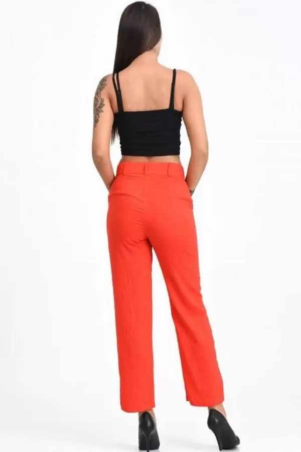 Kemerli ve Cepli Fuşya Boru Paça Viskon Kadın Pantolon