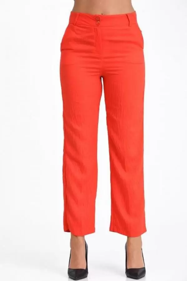 Kemerli ve Cepli Fuşya Boru Paça Viskon Kadın Pantolon