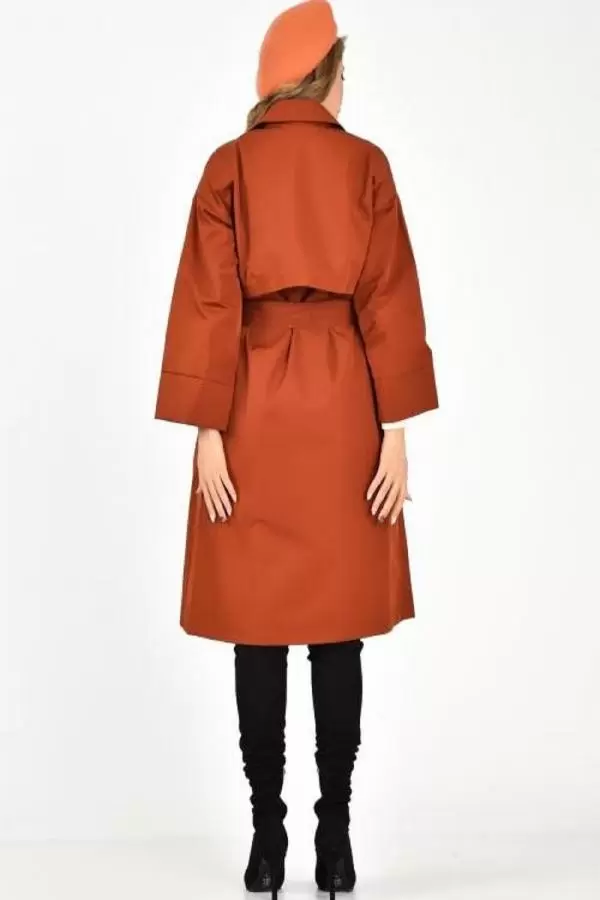 Kemerli ve Çıtçıtlı Kiremit Kadın Trençkot