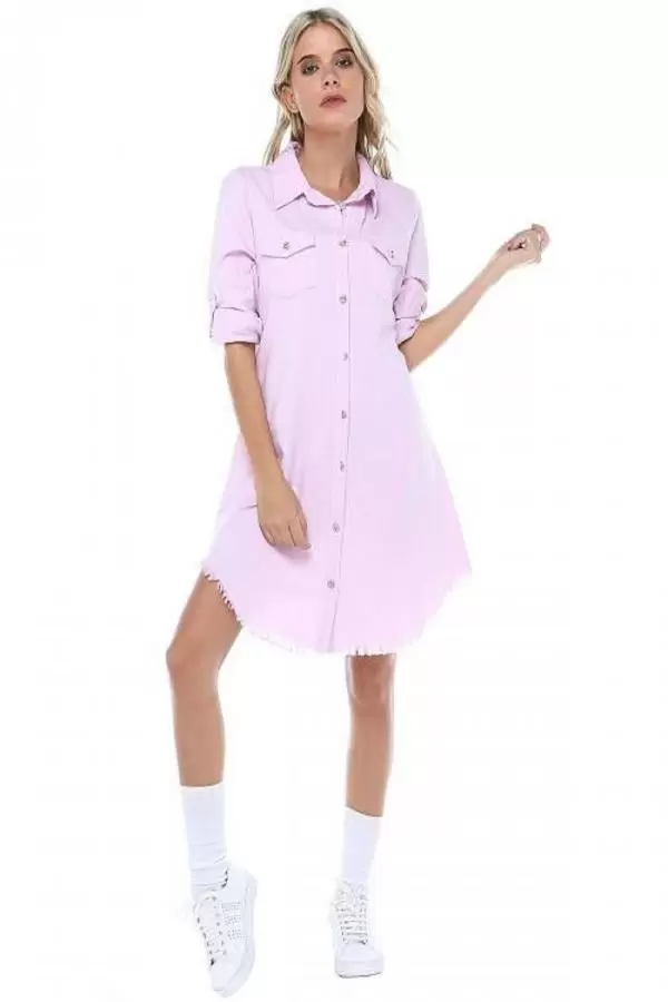 Kenarları Saçaklı Kolları Katlanabilir Pudra Kadın Keten Tunik