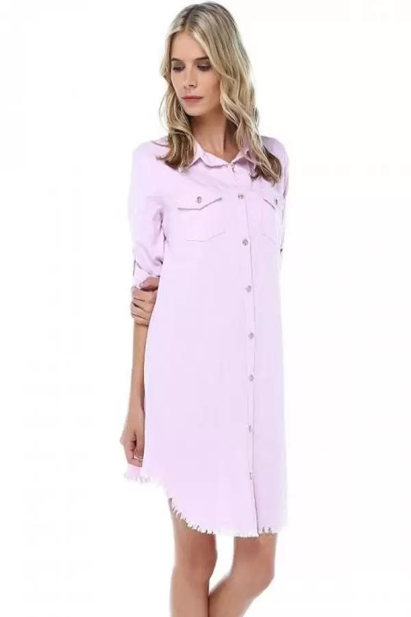 Kenarları Saçaklı Kolları Katlanabilir Pudra Kadın Keten Tunik