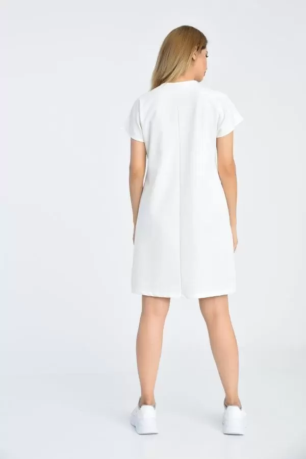 Kısa Kol Baskı ve Taşlı Bisiklet Yaka Beyaz Kadın Elbise