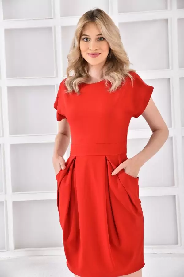 Kısa Kol Salaş Cep ve Pileli Bisiklet Yaka Kırmızı Kadın Elbise