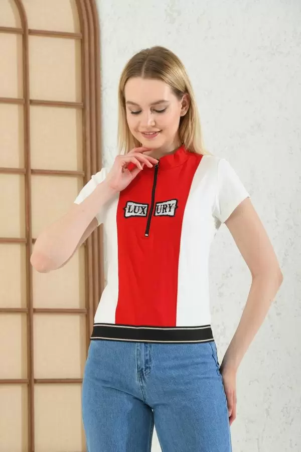 Kısa Kollu Fermuarlı Balıkçı Yaka Kırmızı Beyaz Kadın Tişört