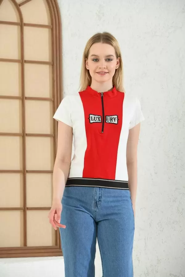 Kısa Kollu Fermuarlı Balıkçı Yaka Kırmızı Beyaz Kadın Tişört