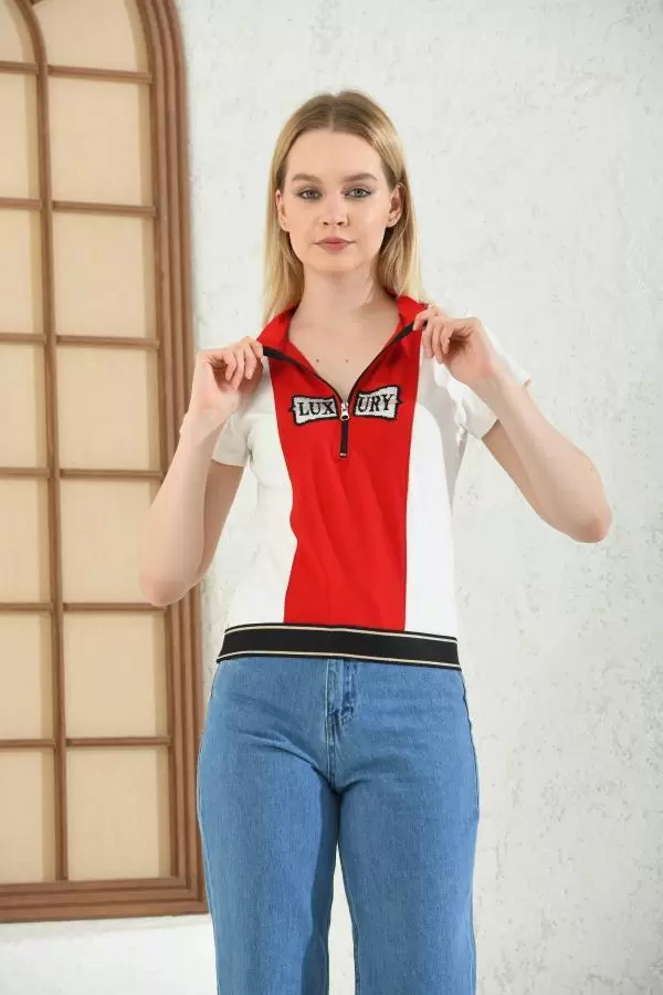 Kısa Kollu Fermuarlı Balıkçı Yaka Kırmızı Beyaz Kadın Tişört