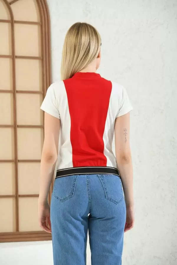Kısa Kollu Fermuarlı Balıkçı Yaka Kırmızı Beyaz Kadın Tişört