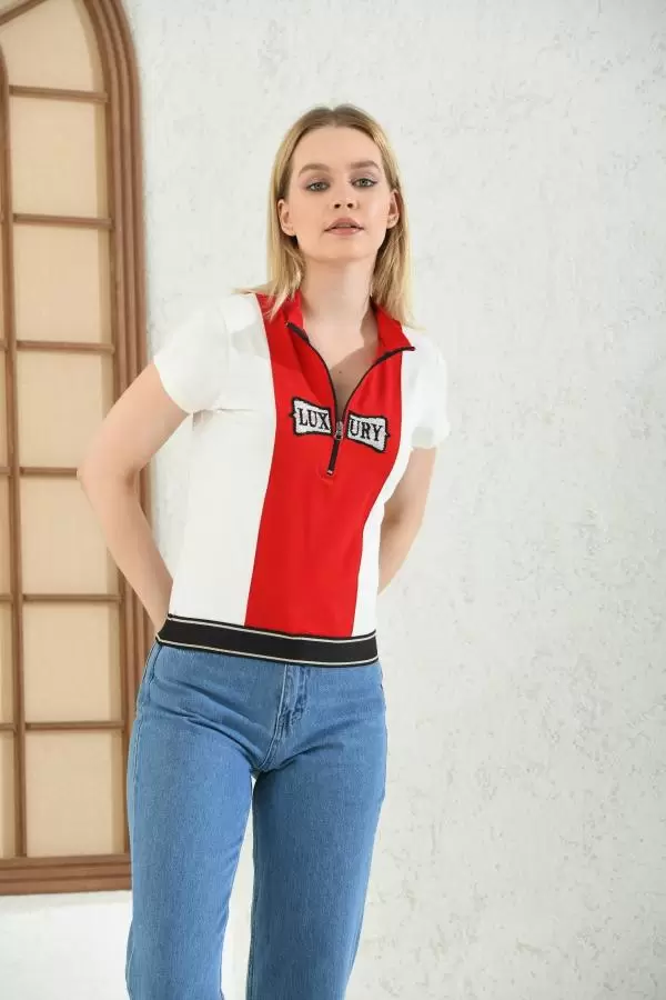 Kısa Kollu Fermuarlı Balıkçı Yaka Kırmızı Beyaz Kadın Tişört