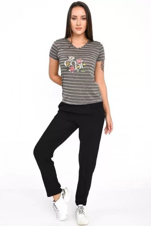 Kısa Kollu Haki Çizgili V Yaka Nakışlı Siyah Kadın Eşofman Takım