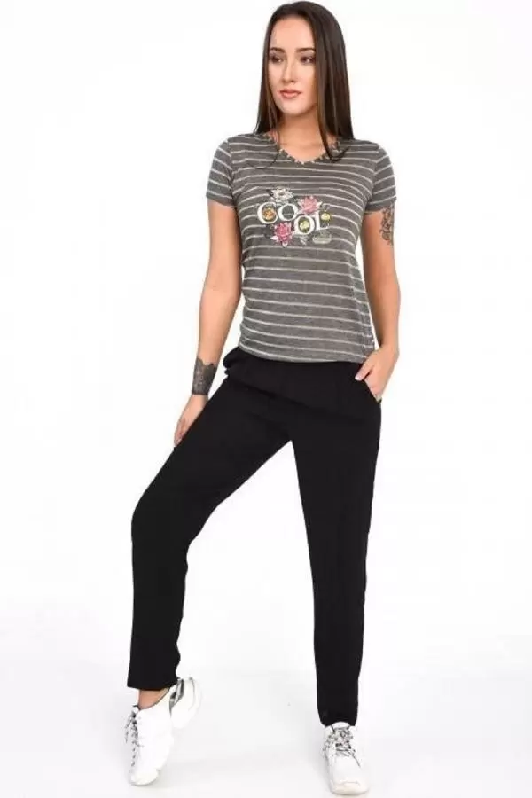 Kısa Kollu Haki Çizgili V Yaka Nakışlı Siyah Kadın Eşofman Takım