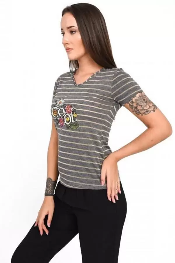 Kısa Kollu Haki Çizgili V Yaka Nakışlı Siyah Kadın Eşofman Takım