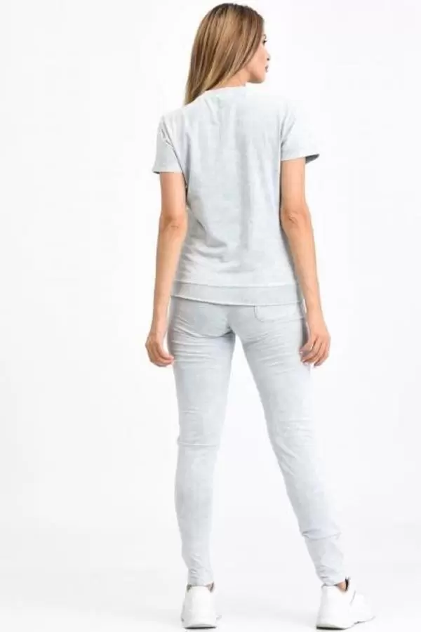 Kısa Kollu Nakışlı ve Fermuarlı Açık Gri Kadın Eşofman Takım