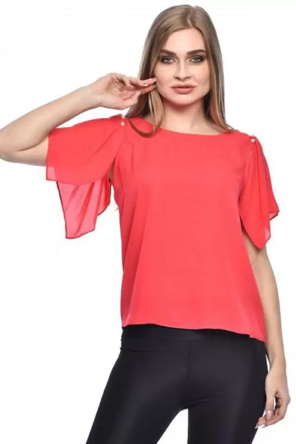 Kısa Kollu V Yaka İnci Detaylı Kırmızı Kadın Bluz