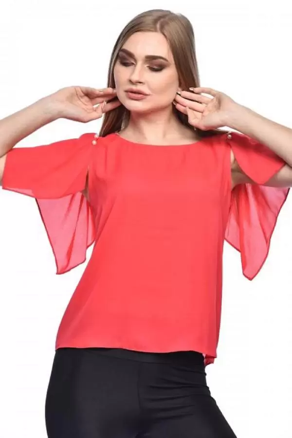 Kısa Kollu V Yaka İnci Detaylı Kırmızı Kadın Bluz