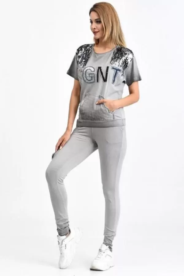 Kısa Kollu Yıkamalı ve Pullu Kanguru Cepli Gri Kadın Eşofman Takım