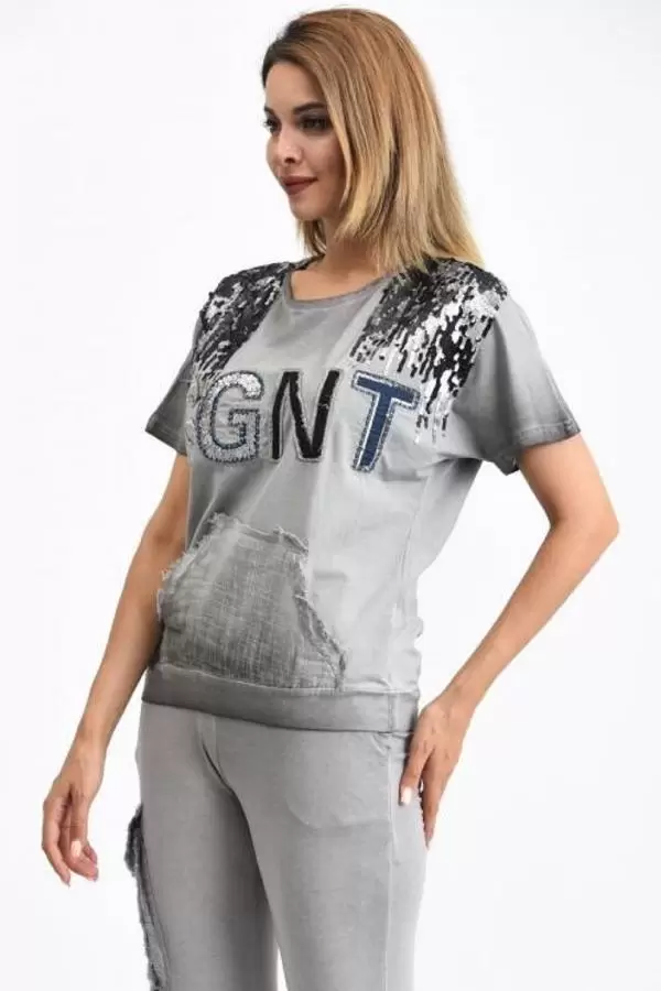 Kısa Kollu Yıkamalı ve Pullu Kanguru Cepli Gri Kadın Eşofman Takım