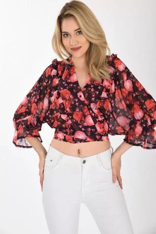 Kol Ağzı Fırfırlı V Dekolte Belden Bağlamalı Siyah Şifon Kadın Bluz