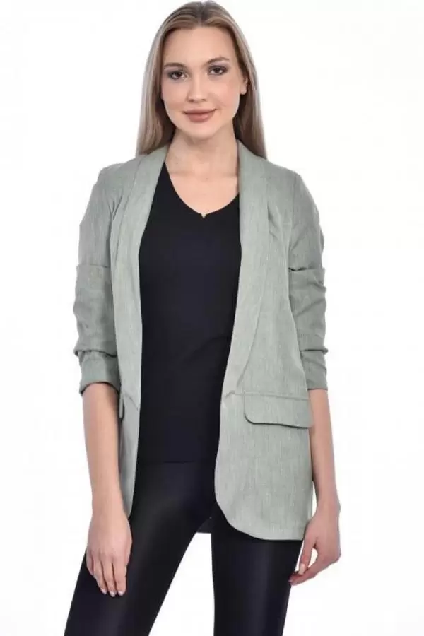Kol Büzgülü Düğmeli ve Yandan Cepli Blazer Mint Yeşil Kadın Ceket